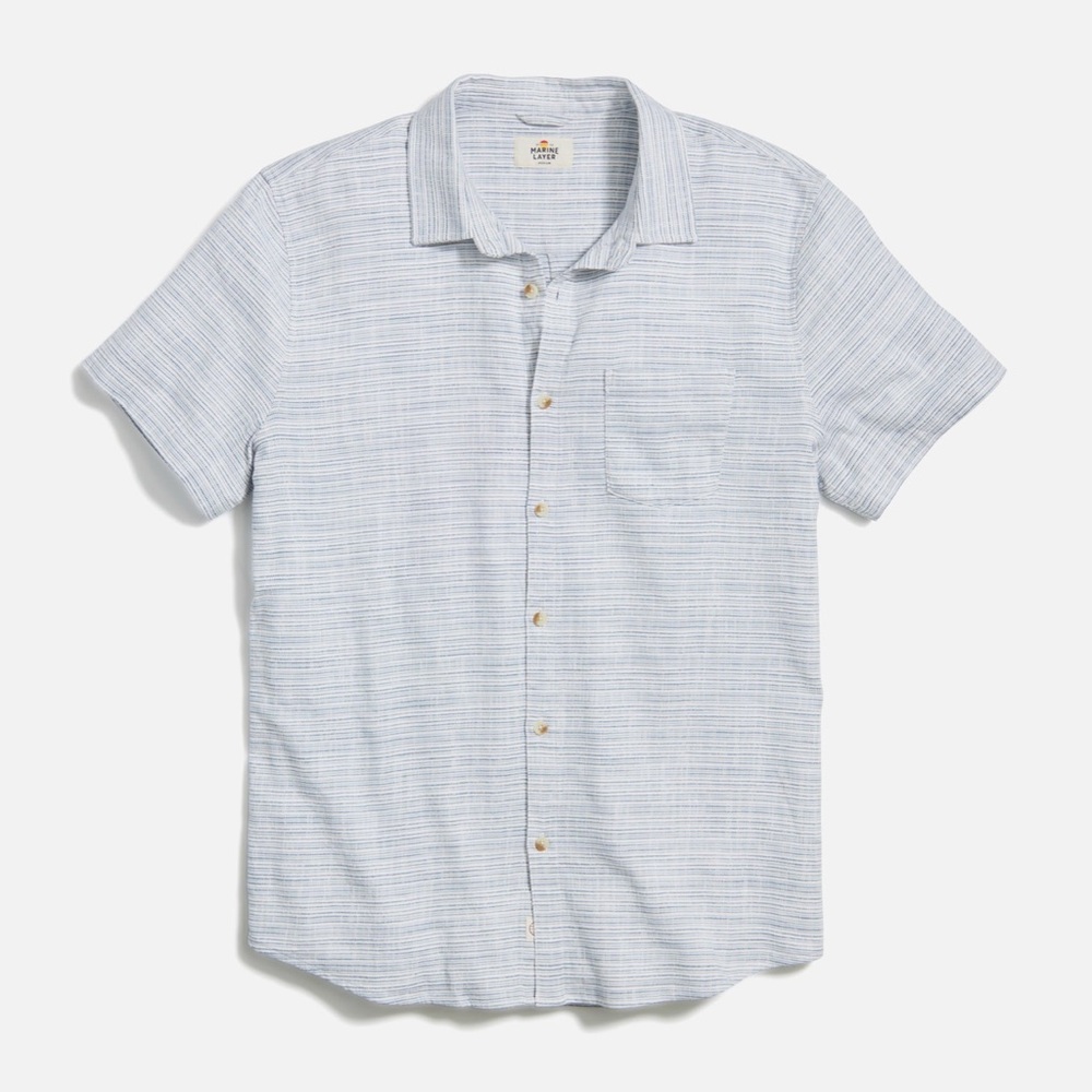 NWOT Marine Layer Men’s Stretch Selvage Short Sleeve Shirt, Blue Mini-Stripe